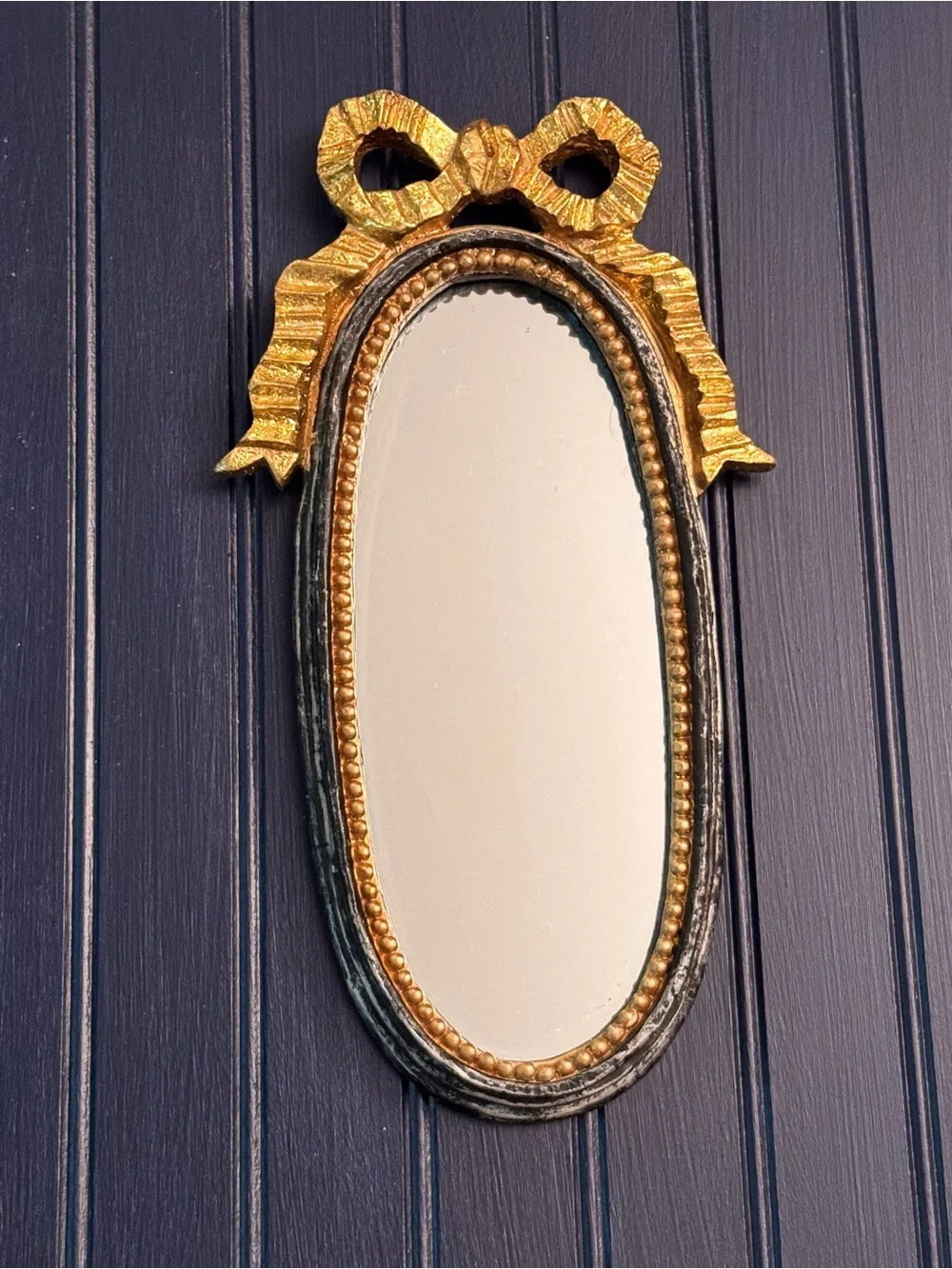Vintage Black & Gold Bow Mirror | Louis XVI Style Oval Wood Wall Mirror